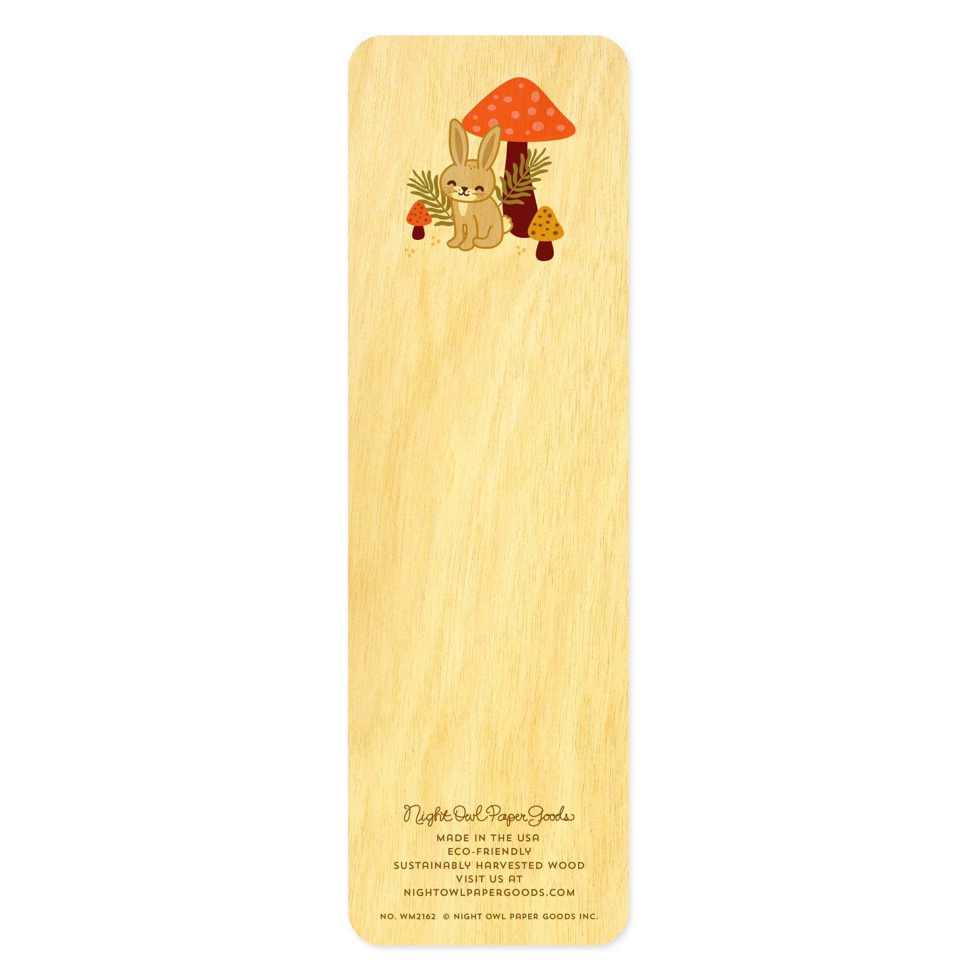 Back side of wooden bookmark with cartoon rabbit and mushroom design 
