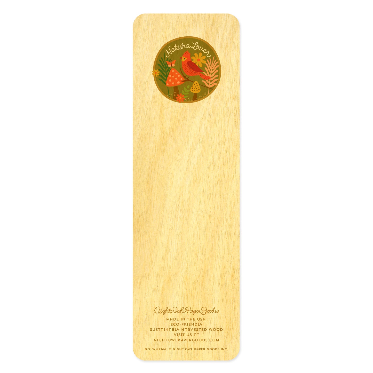 Back side of wooden bookmark with red bird, flowers, butterfly and mushrooms in a circle that reads 'Nature Lover' in script handwriting