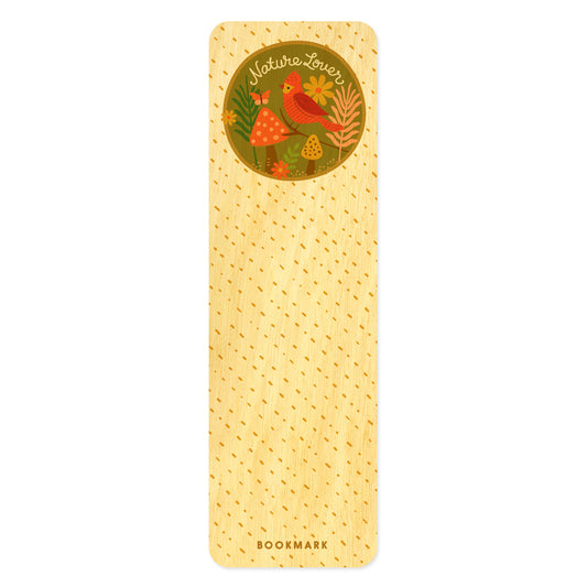 Wooden bookmark with red bird, flowers, butterfly and mushrooms in a circle that reads 'Nature Lover' in script handwriting