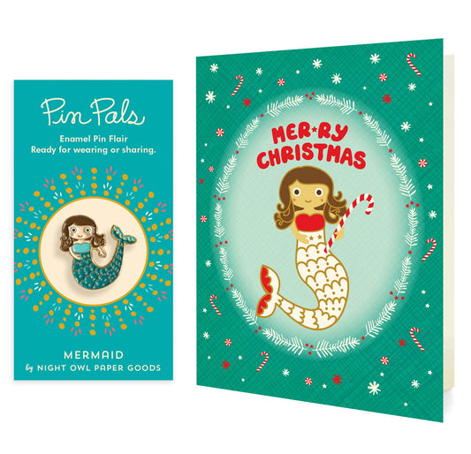 Photo of Mermaid Christmas Holiday Cards & Enamel Pin Set