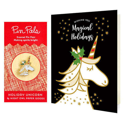 Photo of Magical Unicorn Black Holiday Cards & Enamel Pin Set 