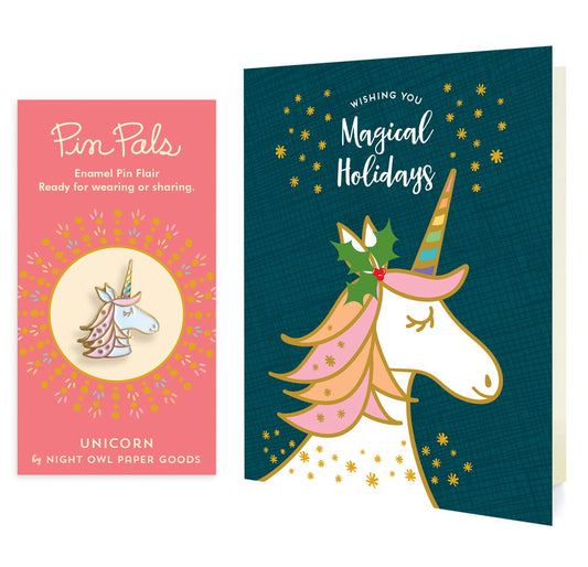Photo of Magical Unicorn Blue Holiday Cards & Enamel Pin Set