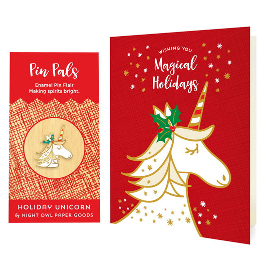 Magical Unicorn Red Holiday Cards & Enamel Pin Set web exclusive - holiday bundle
