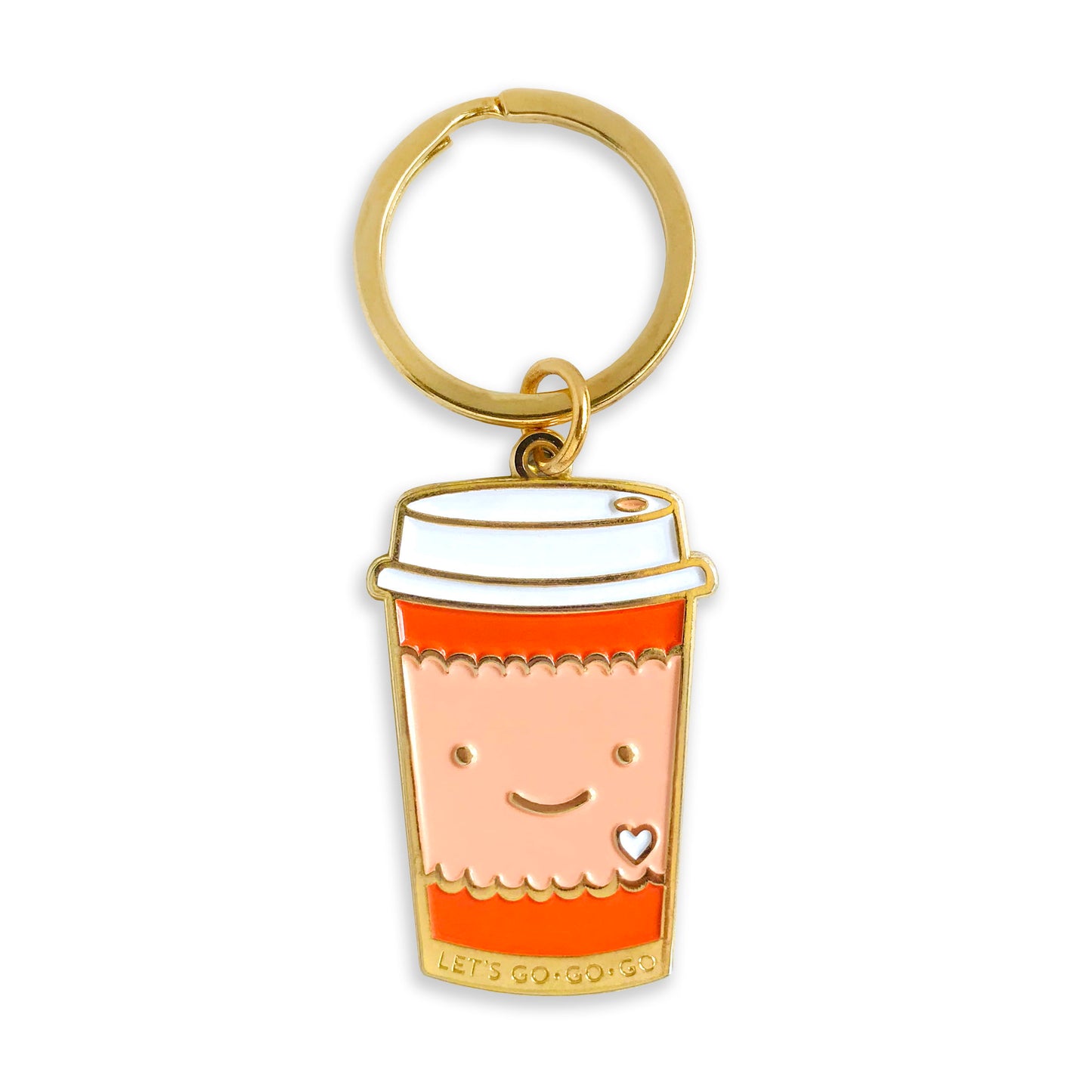 Gold metal coffee to go cup enamel keychain with red cup, white lid and pink sleeve with a smiling face and heart detail. Front bottom of cup reads "Let's Go Go Go" and keychain hangs from a gold key ring.  