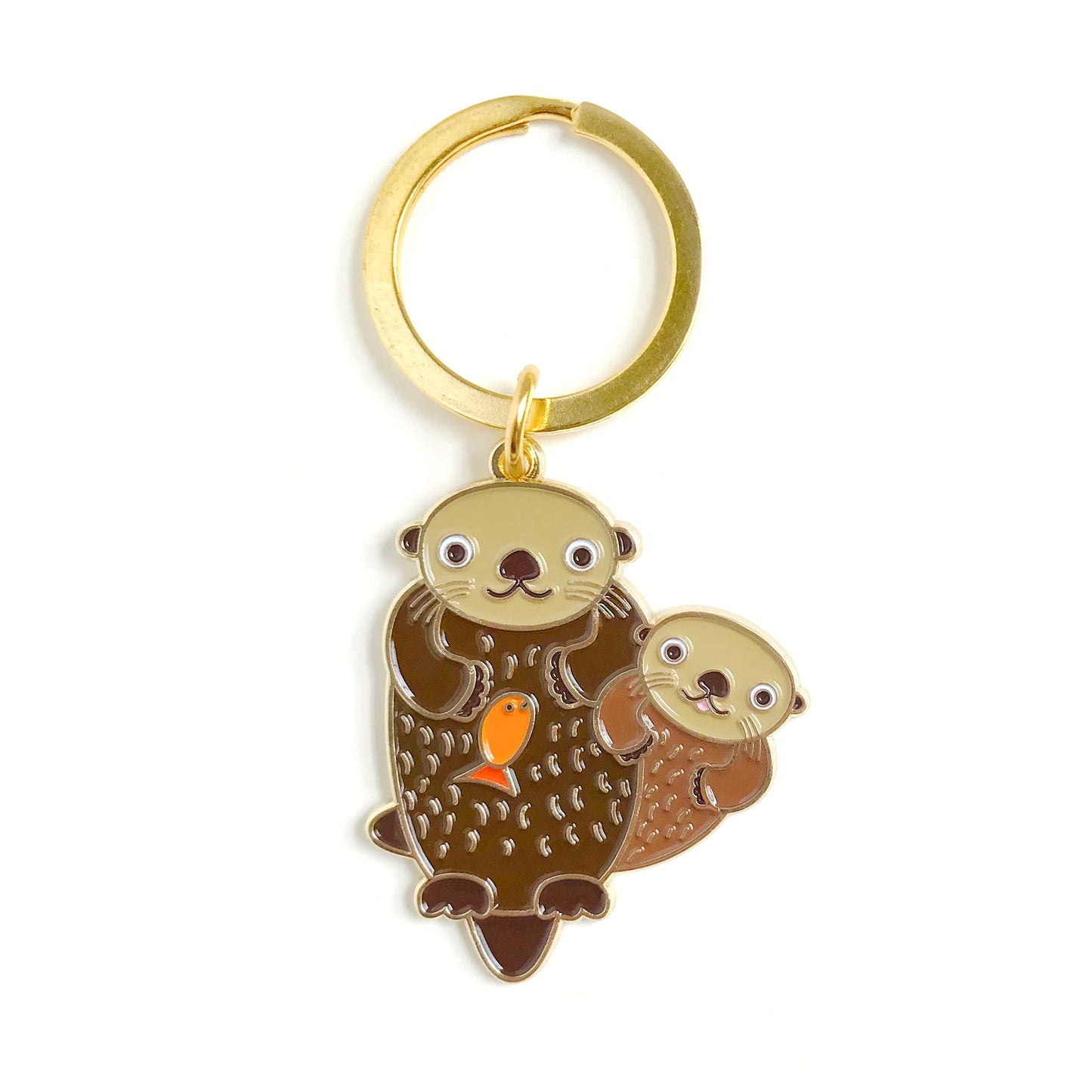 Gold metal otter enamel keychain featuring two playful brown otters and a small orange fish on a gold key ring