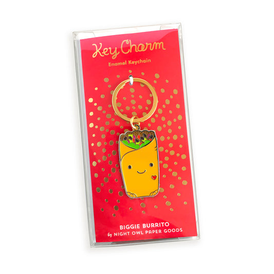 Burrito enamel keychain on gold foil stamped backer card packaged in a clear gift box. Backer card is red and reads "Key Charm Enamel Keychain" at top and "Biggie Burrito by Night Owl Paper Goods" at bottom.