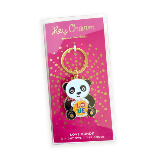 Panda enamel keychain on gold foil stamped backer card packaged in a clear gift box. Backer card reads "Key Charm Enamel Keychain" at top and "Love Panda by Night Owl Paper Goods" at bottom.