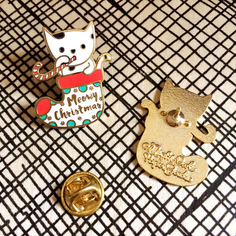 Photo of Kitty Stocking Wood Ornament Cards & Enamel Pin Set