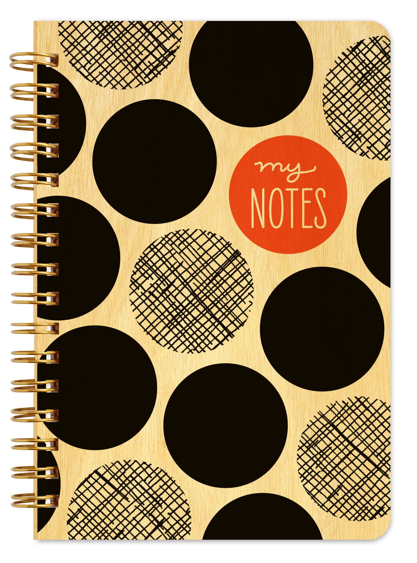 Spiral-bound wood notebook with birch wood covers featuring bold black polka dots with a crosshatch texture and an red circle with "my Notes" text.