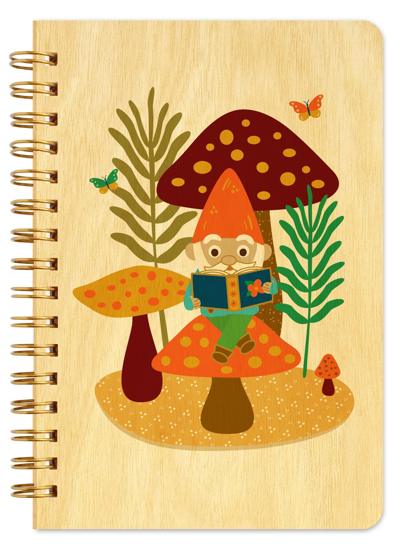 Spiral-bound wood notebook with birch wood covers featuring a whimsical gnome seated on a mushroom reading a book, surrounded by colorful mushrooms, foliage and butterflies.