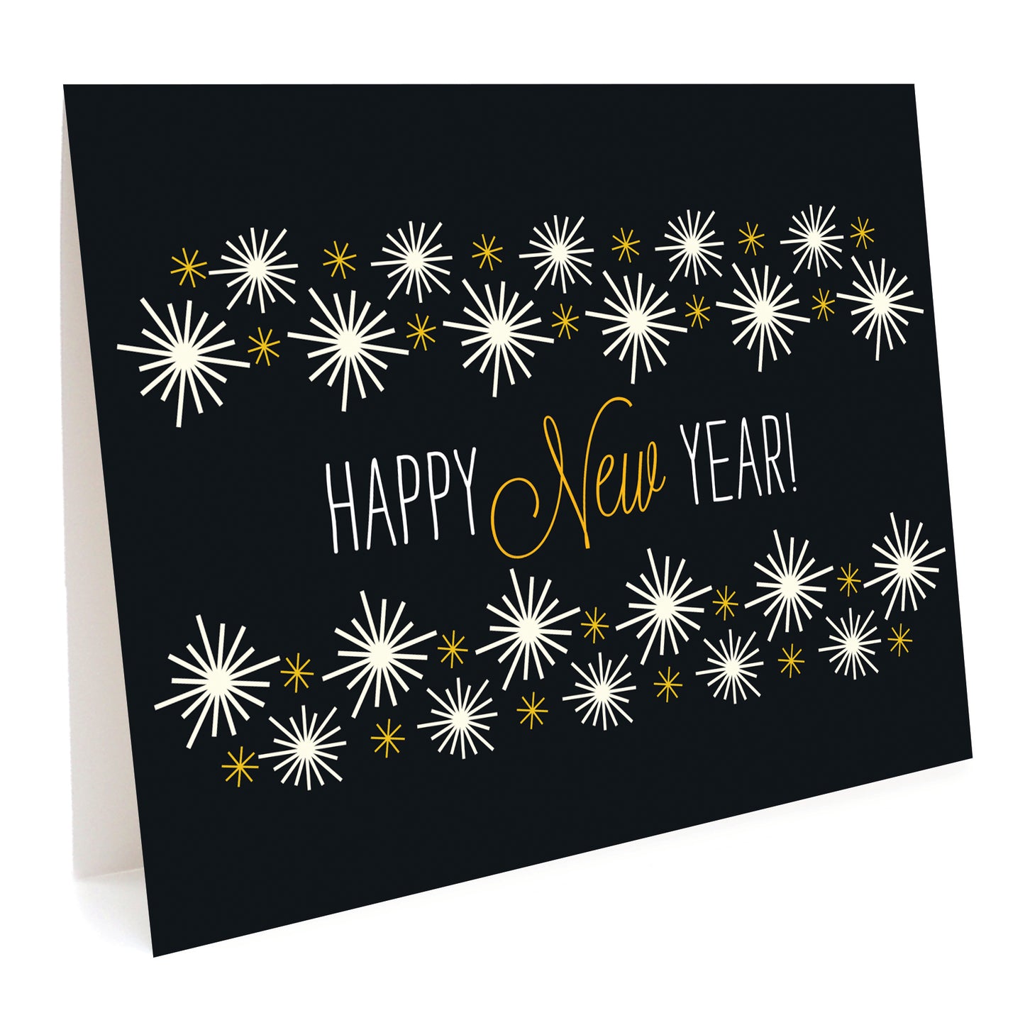 Black holiday card with white star bursts text reads 'Happy New Year'