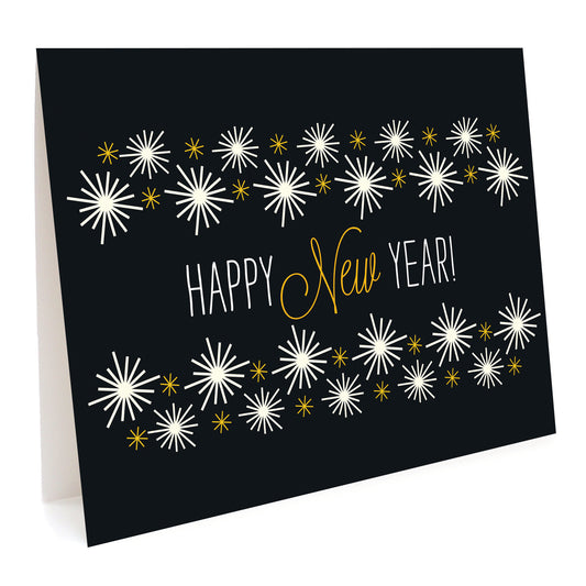 Black holiday card with white star bursts text reads 'Happy New Year'