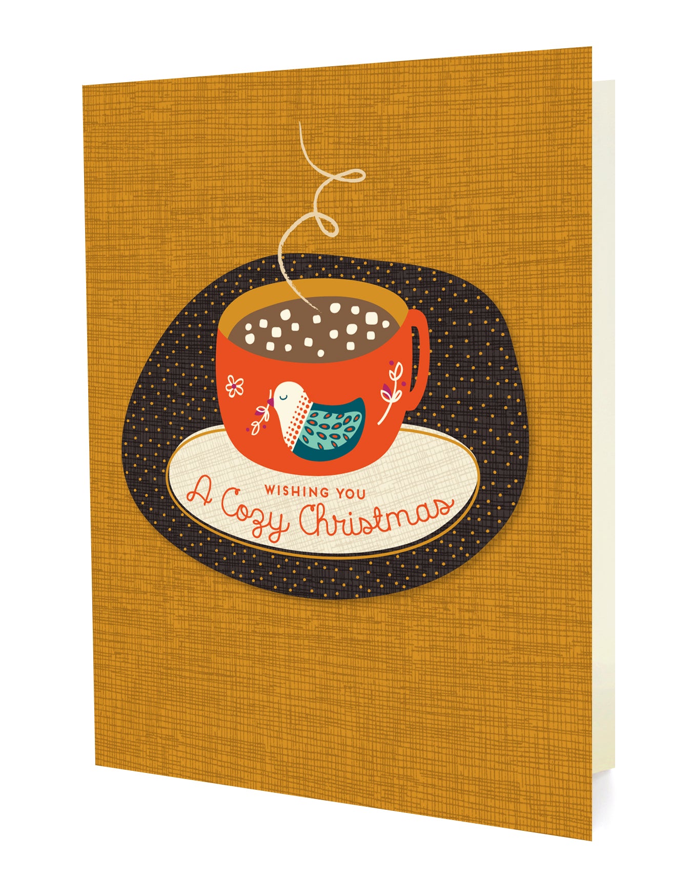 Front of folded holiday card featuring a red mug of hot cocoa with marshmallows and a bird design, with “Wishing You A Cozy Christmas” text on a copper background.