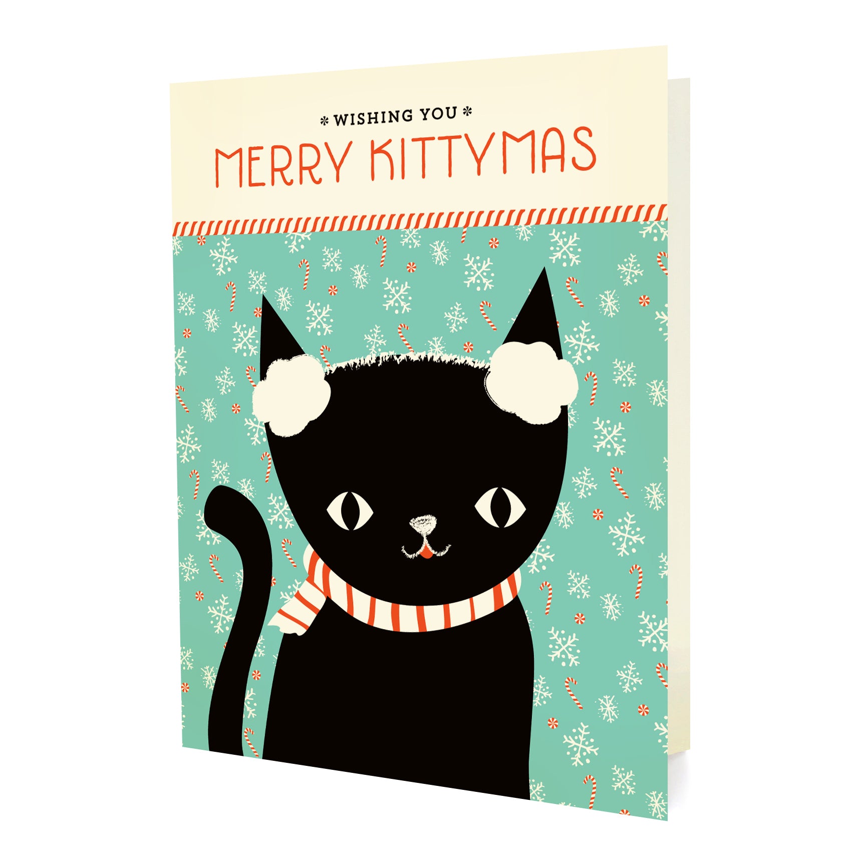 Front of folded holiday card featuring a black cat wearing earmuffs on an aqua background with snowflakes, candy canes, and “Wishing You Merry Kittymas” text.