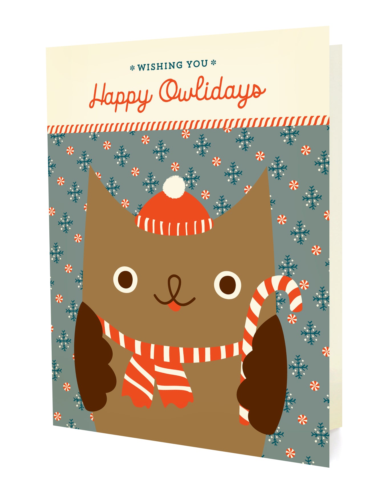 Front of a folded holiday card with an illustrated owl wearing a red hat and scarf, holding a candy cane, on a festive blue-grey background with "Wishing You Happy Owlidays" text.