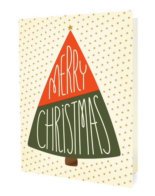 Front of folded holiday card featuring a red and green Christmas tree with “Merry Christmas” text and gold stars on a beige background.