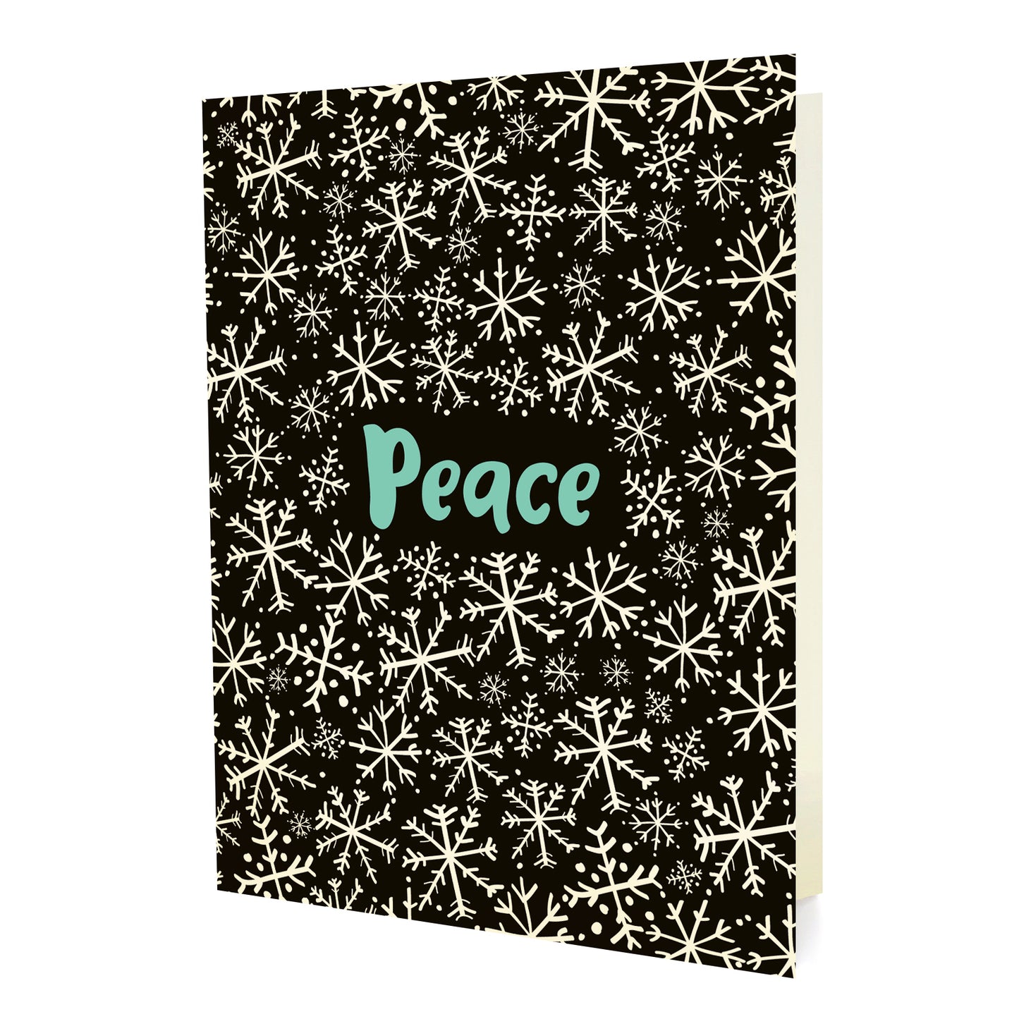 Front of a folded holiday card featuring white snowflakes on a black background with “Peace” text in aqua.