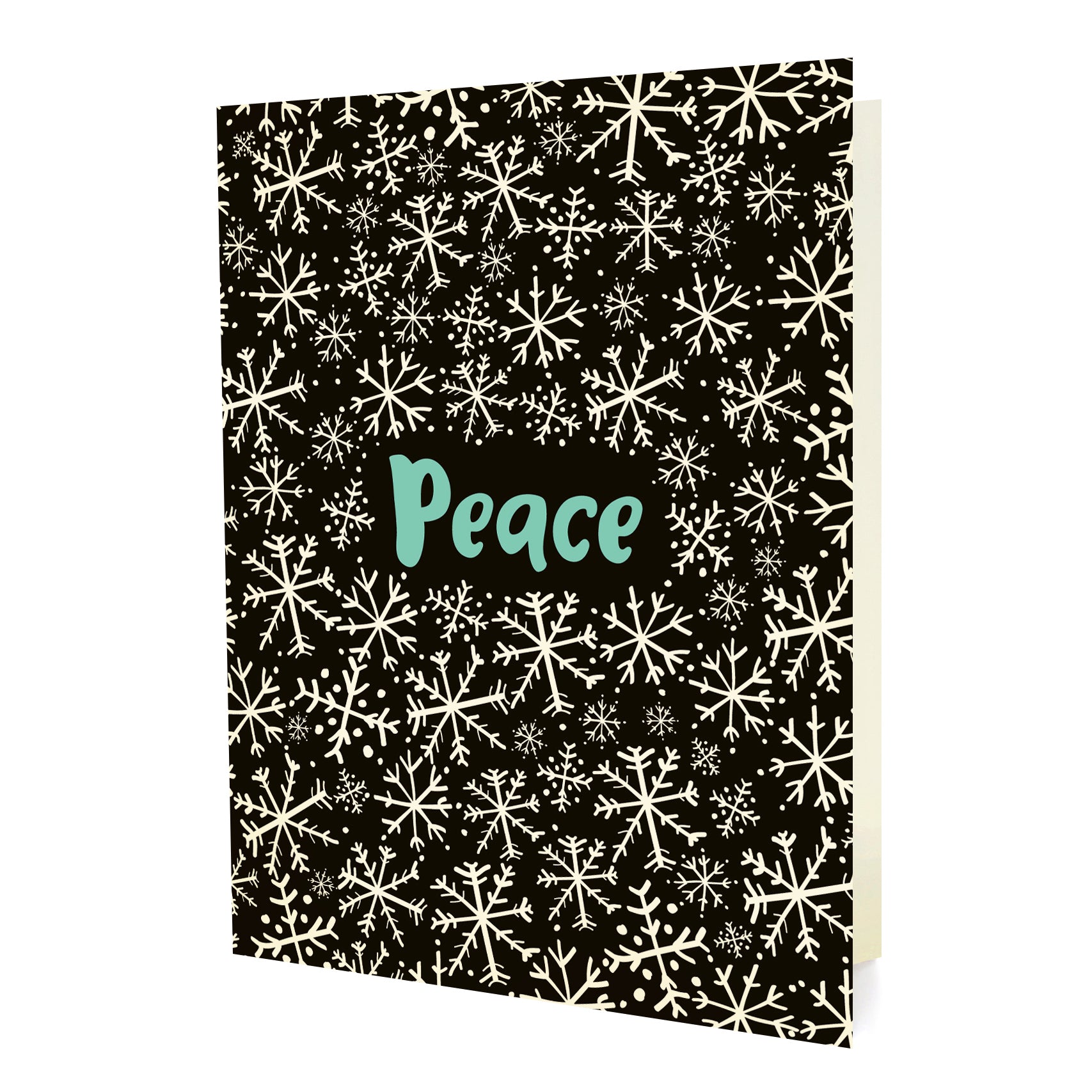 Front of a folded holiday card featuring white snowflakes on a black background with “Peace” text in aqua.