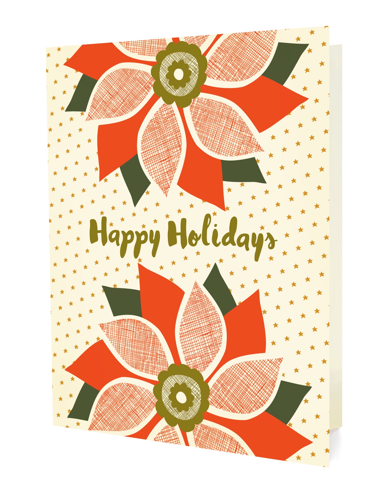 Front of folded holiday card featuring red poinsettias with “Happy Holidays” text on a beige background accented with small gold stars.