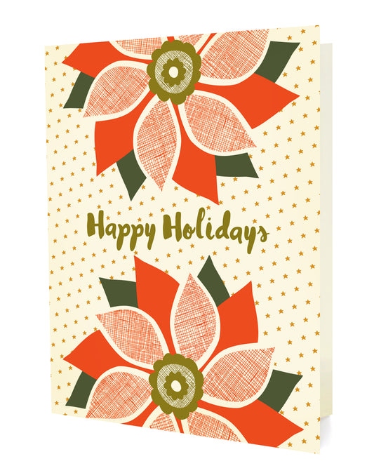 Front of folded holiday card featuring red poinsettias with “Happy Holidays” text on a beige background accented with small gold stars.