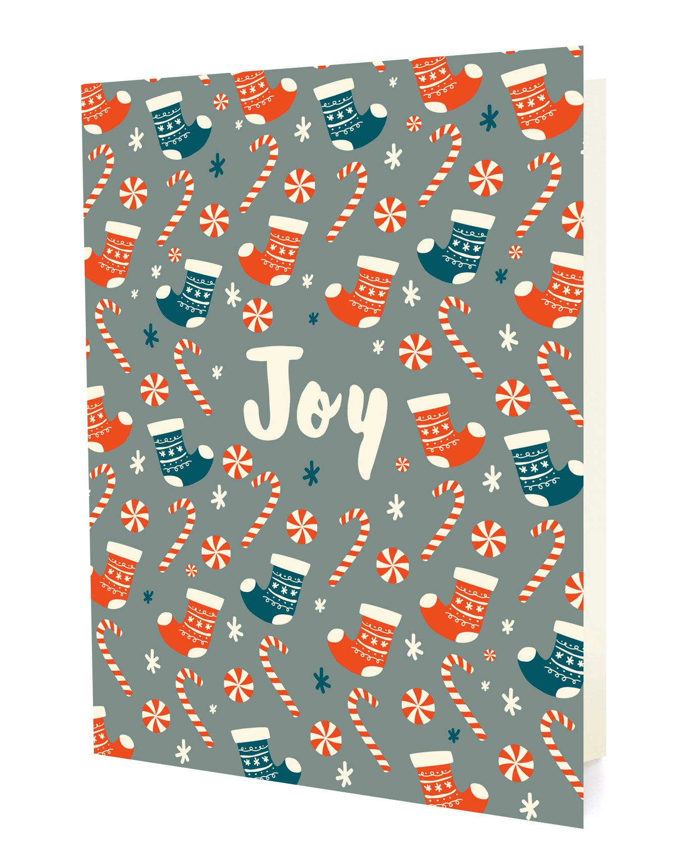 Front of folded holiday card featuring a festive pattern of stockings and candy canes surrounding “Joy” text on a gray background.