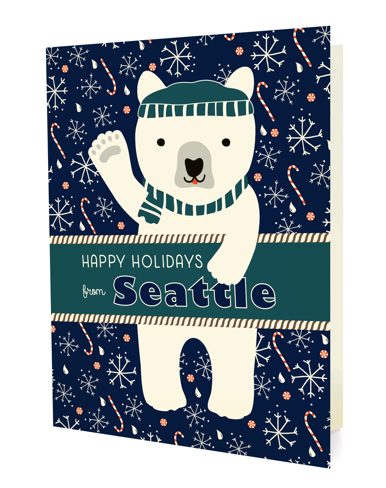 Polar Seattle folded paper holiday card featuring a polar bear in a teal beanie and scarf waving against a navy blue background with snowflakes, raindrops and candy canes and the greeting "Happy Holidays from Seattle"
