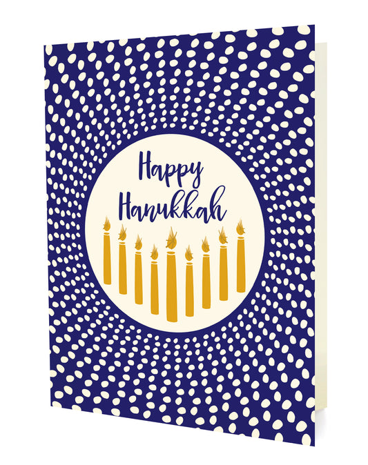Front of folded Hanukkah card featuring an elegant gold menorah on a vibrant blue and white background with “Happy Hanukkah” text.