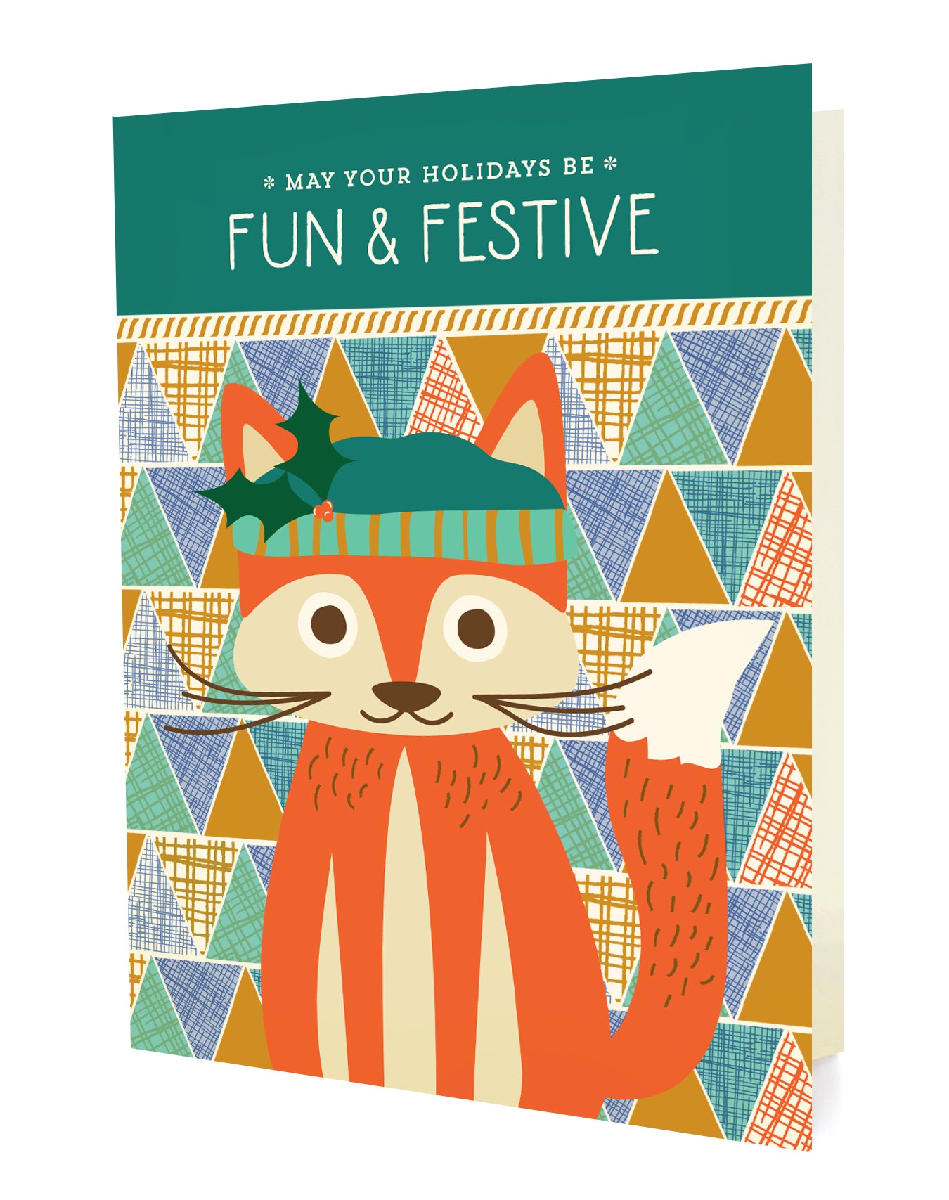 Front of a folded holiday card with a cute fox wearing a stocking cap illustration, geometric patterned background and "May your holidays be Fun & Festive" text.