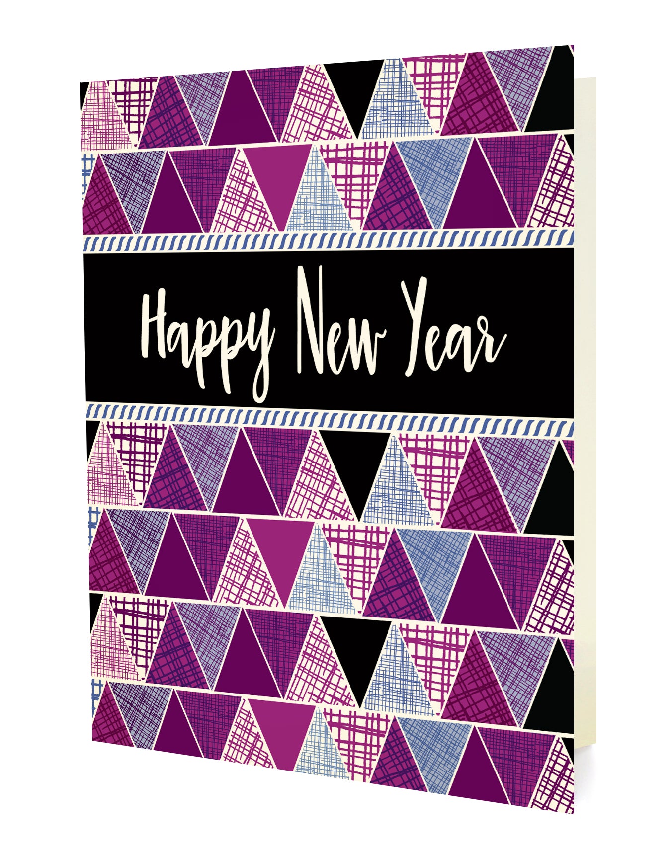 Front of a folded holiday card featuring a purple and black geometric triangle pattern with “Happy New Year” text on a white background.