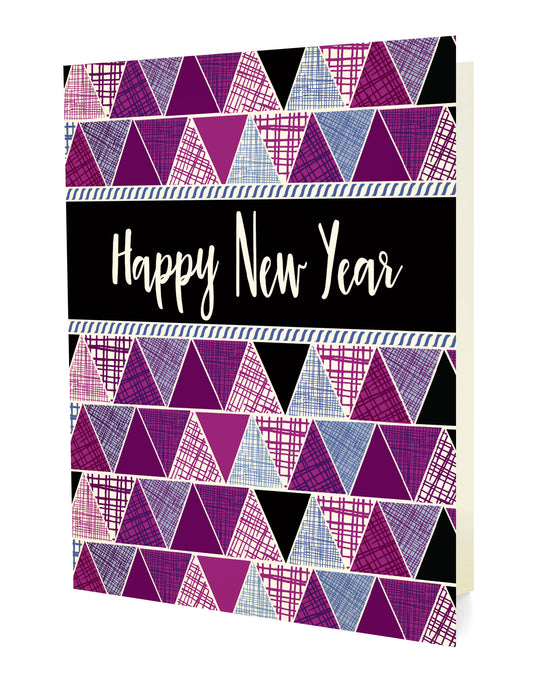 Front of a folded holiday card featuring a purple and black geometric triangle pattern with “Happy New Year” text on a white background.