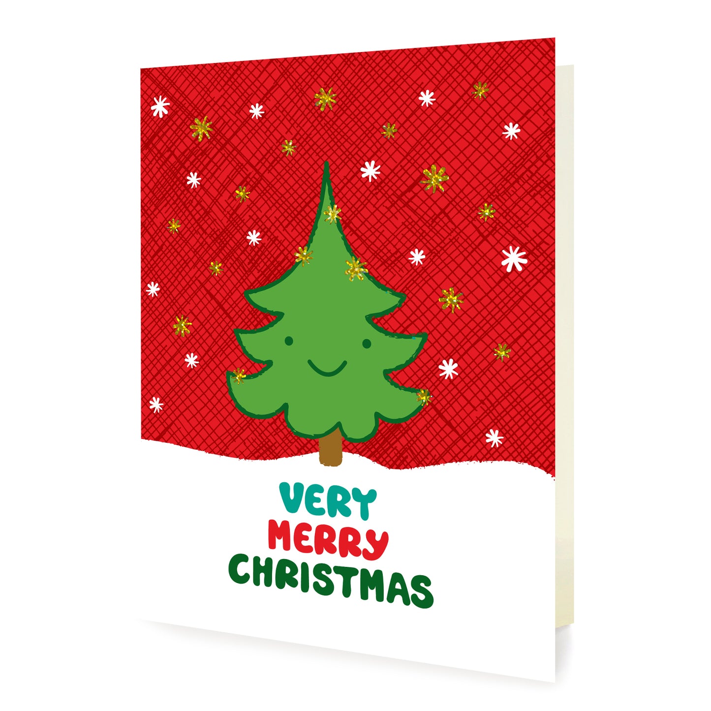 Christmas card with a smiling green tree with red background and gold foil snowflakes. Text reads 'Very Merry Christmas'