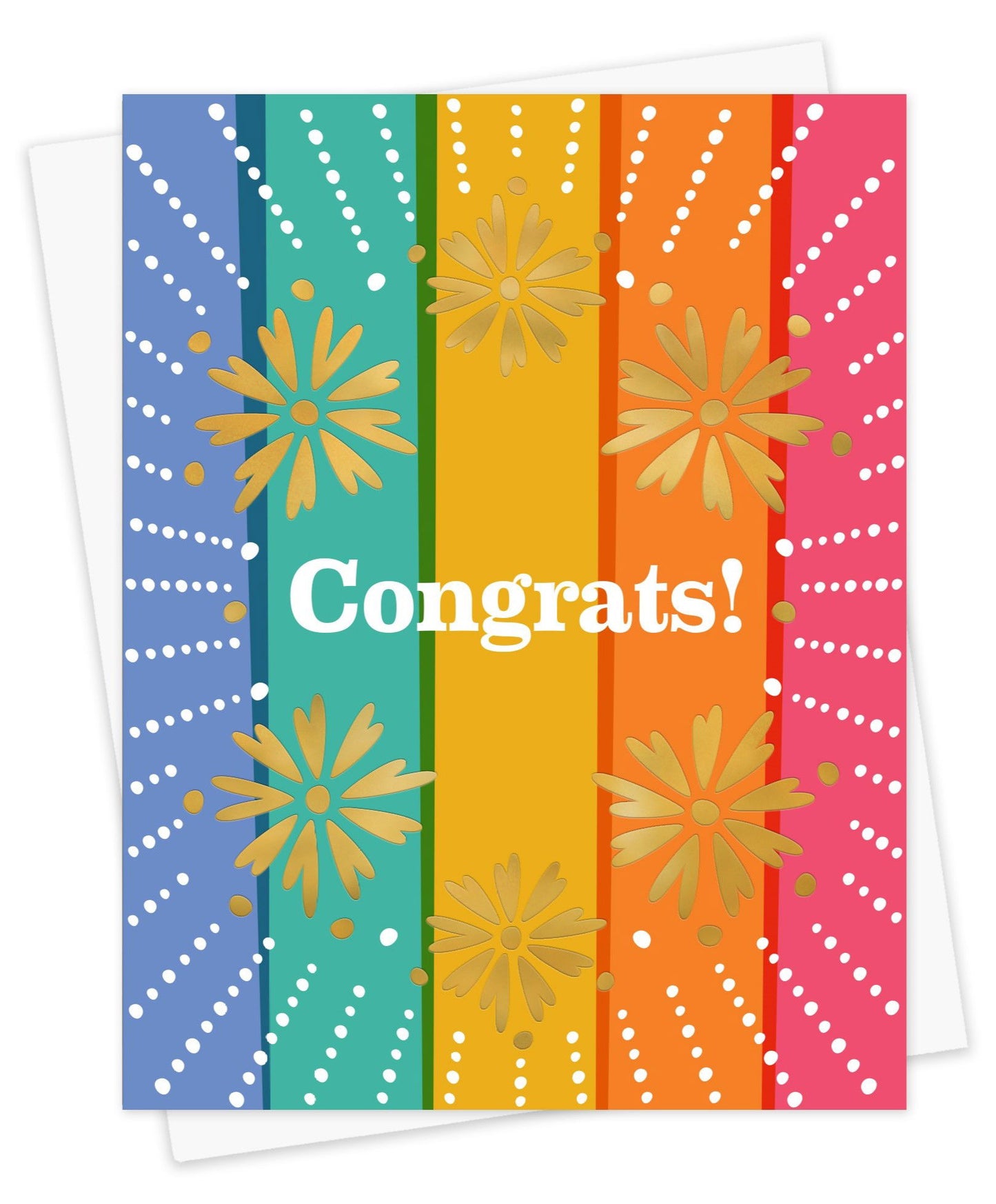 Colorful pastel striped card with gold foil florals and 'Congrats!' text.