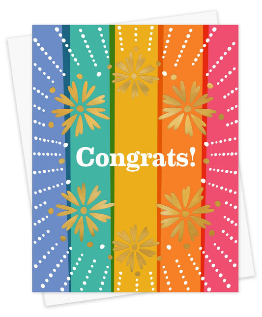 Colorful pastel striped card with gold foil florals and 'Congrats!' text.
