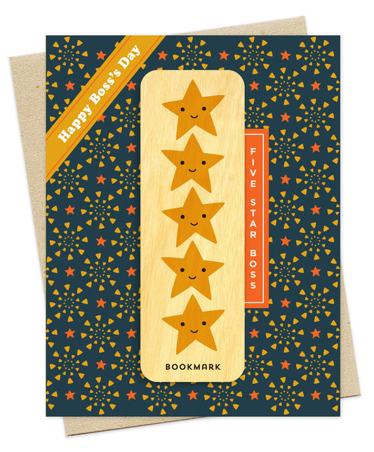 Folded Boss's Day card with a dark blue background, along with Happy Boss's Day and Five Star Boss greetings. It includes a removable birch wood bookmark with five sweet smiling gold stars. Pictured with a kraft envelope.