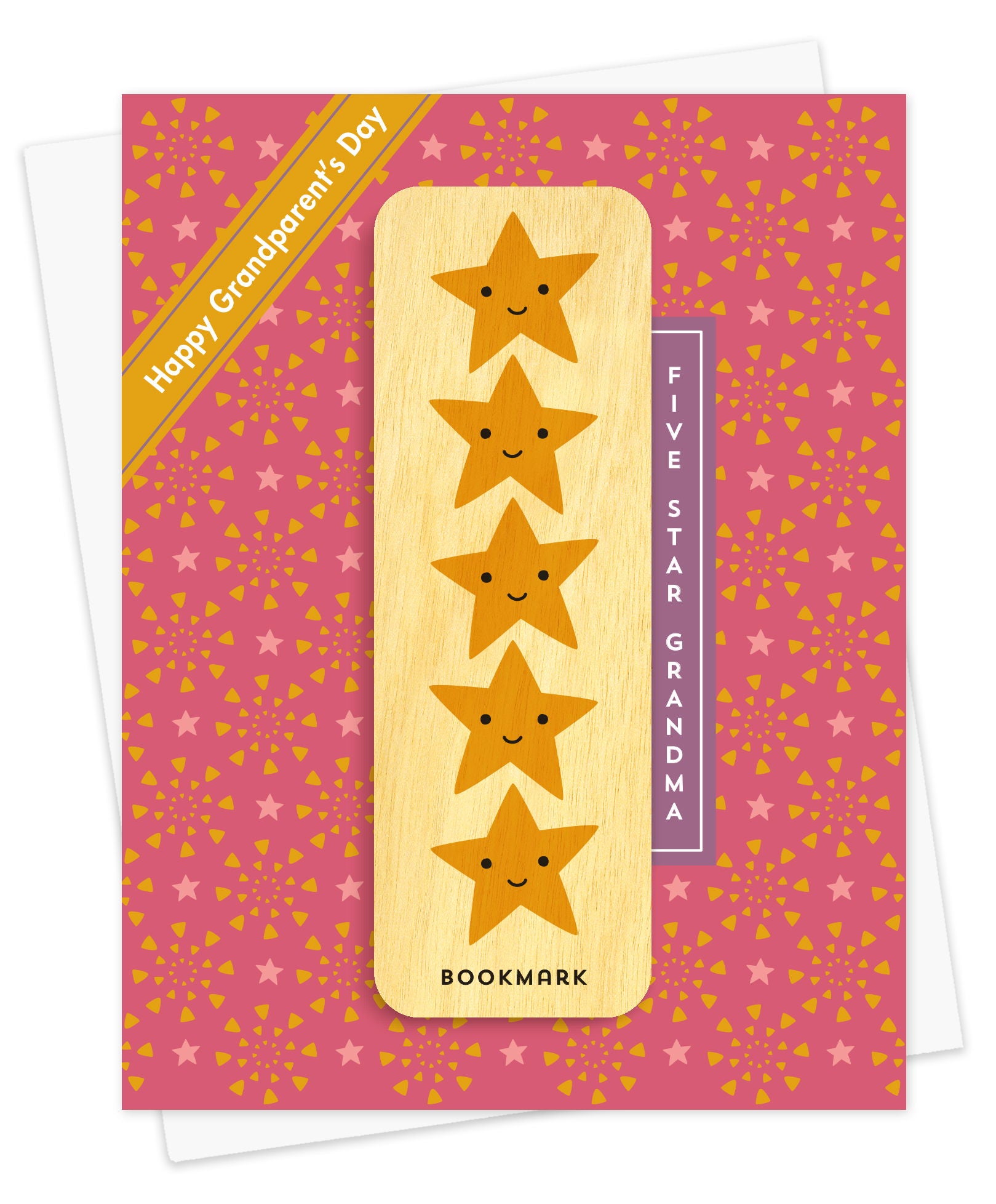 Folded Grandparent's Day card with a rosy pink background scattered with stars and confetti triangles, a Happy Grandparent's Day banner accent and Five Star Grandma text. It includes a removable birch wood bookmark featuring five smiling gold stars. Pictured with a white envelope.