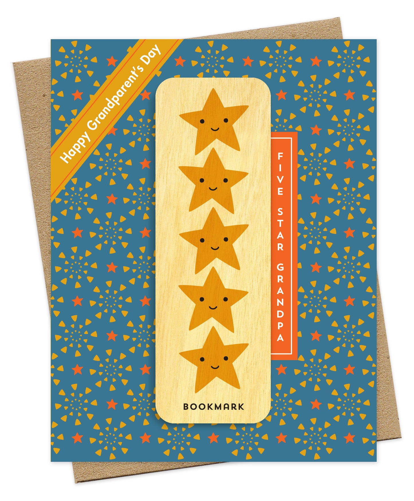 Folded Grandparent's Day card with a blue background, Happy Grandparent's Day banner accent and Five Star Grandpa tab. It includes a removable birch wood bookmark with five sweet smiling gold stars. Pictured with a kraft envelope.