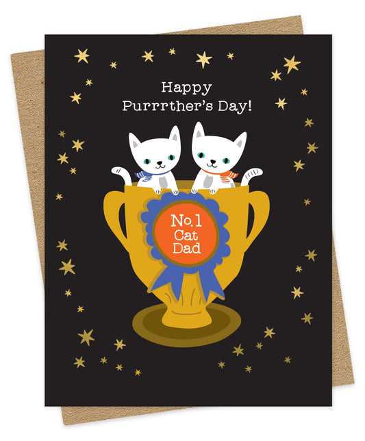 Father's Day card with two cats on a trophy with "Happy Purrther's Day! No 1 Cat Dad"' message and gold foil stars on a black background. Shown with a kraft envelope.