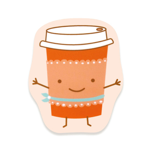 Happy red and pink to-go coffee cup with arms outstretched on a pale pink background.