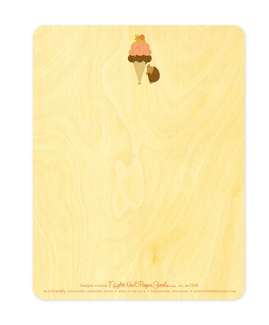 Back of Hedgie Ice Cream wood birthday card, which features a small version of the front design at the top and space to handwrite a personal greeting beneath. Along the bottom is the company logo and text that reads "eco-friendly sustainably harvested wood - made in  birmingham, owlabama - nightowlpapergoods.com"