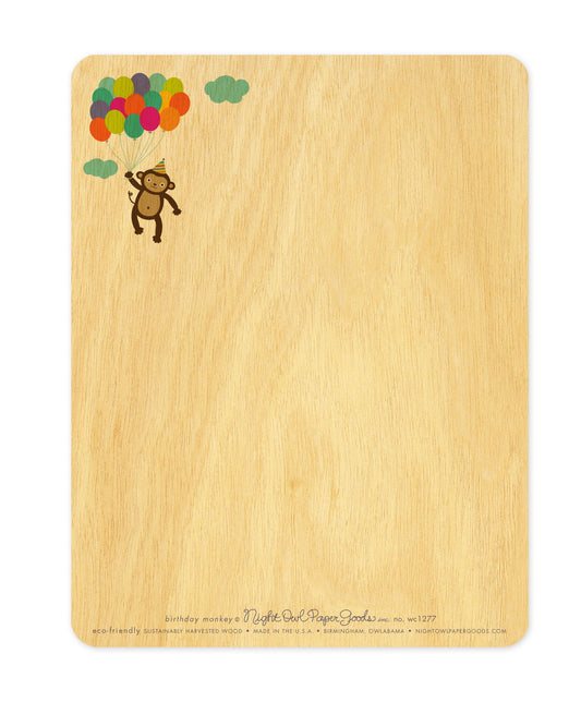 Back of Birthday Monkey wood card, which features a small version of the front design at the top and plenty of space to handwrite a personal greeting beneath. Along the bottom is the company logo and text that reads "eco-friendly sustainably harvested wood - made in the usa - birmingham, owlabama - nightowlpapergoods.com"