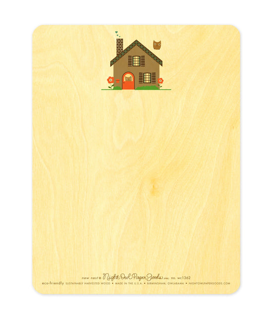Back of New Nest wood housewarming card, which features a small version of the front design at the top and plenty of space to write a personal greeting. Along the bottom is the company logo and text that reads "eco-friendly sustainably harvested wood - made in the usa - birmingham, owlabama - nightowlpapergoods.com"