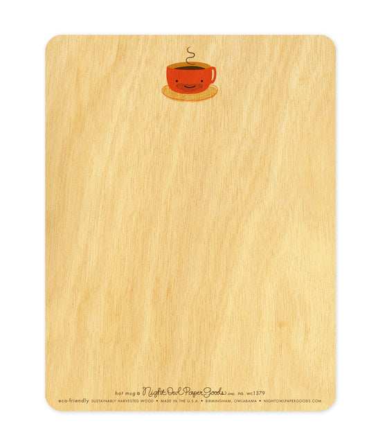 Back of Hot Mug wood love card, which features a small coffee mug design at the top and blank space for a handwritten message. Along the bottom is the company logo and text that reads "eco-friendly sustainably harvested wood - made in the usa - birmingham, owlabama - nightowlpapergoods.com"

