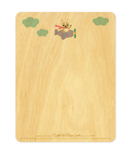 Back of Speedy Recovery wood get well card, which features small version of the front design at top a and space beneath to handwrite a personal greeting. The company logo and text that reads "eco-friendly sustainably harvested wood - made in the usa - birmingham, owlabama - nightowlpapergoods.com" runs along the bottom.