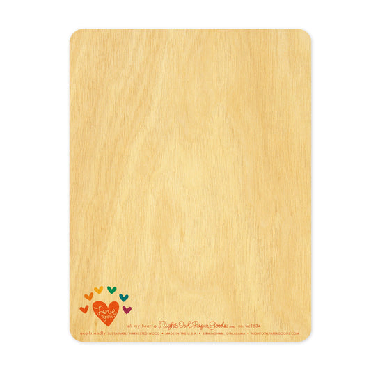 Back of All My Heart wood love card, which is predominantly blank for a handwritten personal greeting. Along the bottom are small rainbow hearts and "Love You" message, the company logo and text that reads "eco-friendly sustainably harvested wood - made in the usa - birmingham, owlabama - nightowlpapergoods.com"
