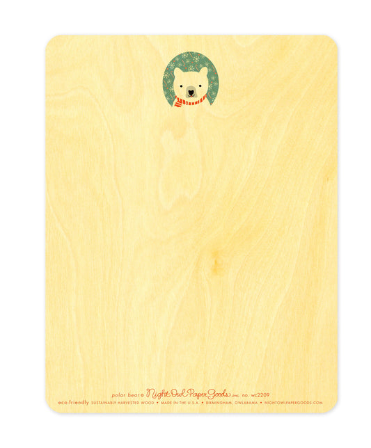 Back of Polar Bear wood holiday card, which features a small polar bear  design at the top and space for a handwritten message. Along the bottom is the company logo and text that reads "eco-friendly sustainably harvested wood - made in the usa - birmingham, owlabama - nightowlpapergoods.com"
