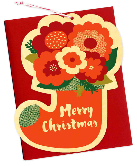 Flower Stocking Wood Holiday Card & Ornament