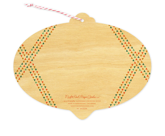 Back of Folksy Bulb wood holiday ornament card, which is die-cut in the shape of a bulb and features triangle line design elements on the sides and space to write a personal greeting. Along the bottom is the company logo and text that reads "eco-friendly sustainably harvested wood - made in  birmingham, owlabama - nightowlpapergoods.com"
