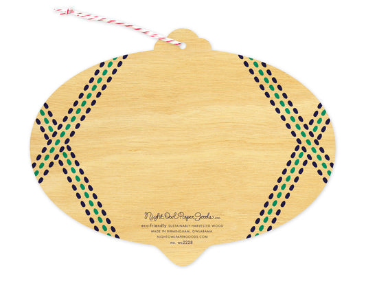 Back of Goodwill Gingham holiday ornament card, which is die-cut in the shape of a bulb and features dotted line design elements on the sides and space to write a personal greeting. Along the bottom is the company logo and text that reads "eco-friendly sustainably harvested wood - made in  birmingham, owlabama - nightowlpapergoods.com"