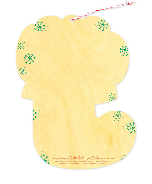 Back of Kitty Stocking wood holiday ornament card, which is die-cut in the shape of a stocking and features snowflake designs on the sides and space to write a personal greeting. Along the bottom is the company logo and text that reads "eco-friendly sustainably harvested wood - made in  birmingham, owlabama - nightowlpapergoods.com"
