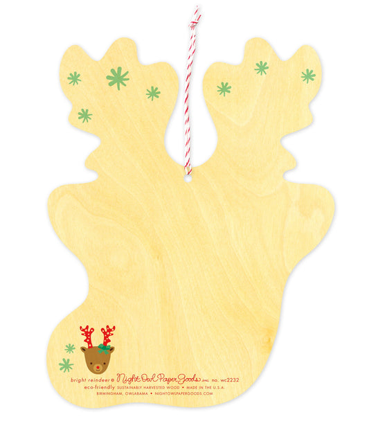 Back of Bright Reindeer Wood Holiday Card & Ornament, which features snowflake design elements on the top and space to write a personal greeting. Along the bottom is the company logo and text that reads "eco-friendly sustainably harvested wood - made in  birmingham, owlabama - nightowlpapergoods.com"

